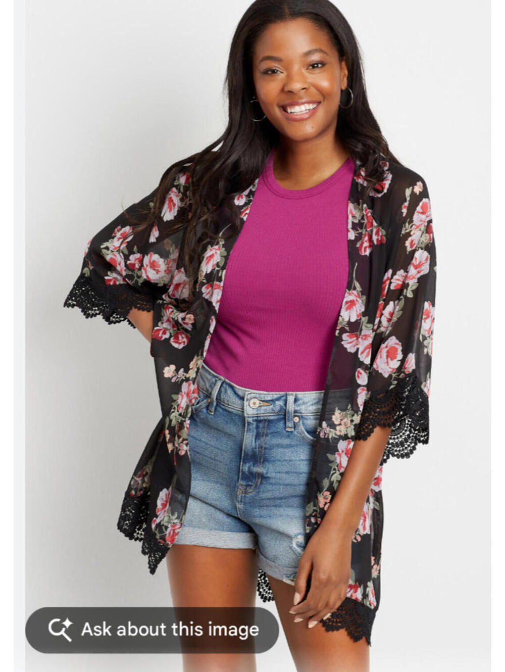 Maurices Small Black Floral Lace Trim Chiffon Sheer Kimono Boho